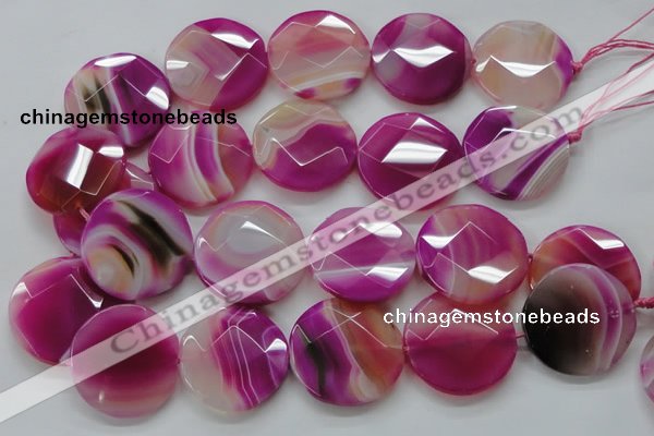 CAA314 15.5 inches 35mm faceted coin fuchsia line agate beads