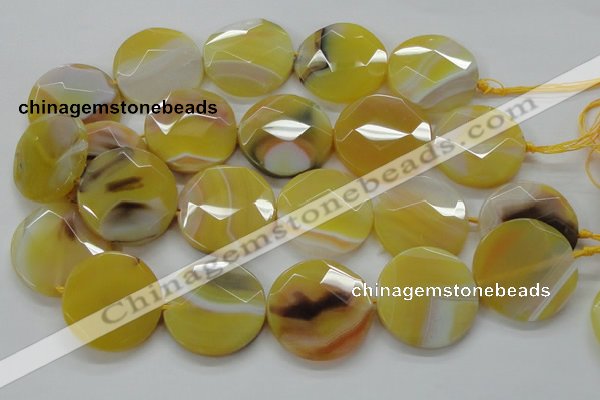 CAA328 15.5 inches 35mm faceted coin yellow line agate beads