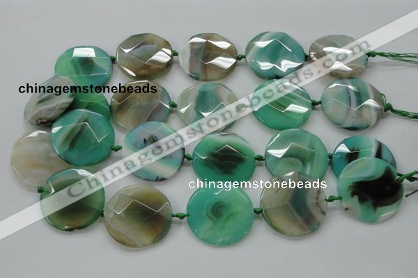 CAA339 15.5 inches 35mm faceted coin green line agate beads