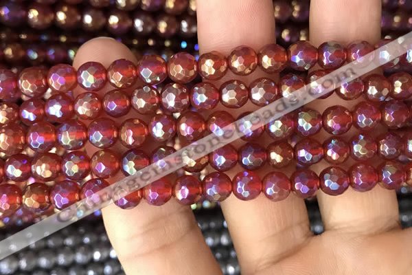 CAA3549 15.5 inches 6mm faceted round AB-color red agate beads