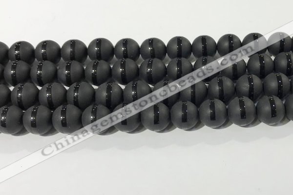 CAA3652 15.5 inches 10mm round matte & carved black agate beads