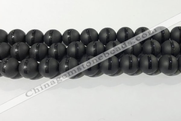 CAA3653 15.5 inches 12mm round matte & carved black agate beads