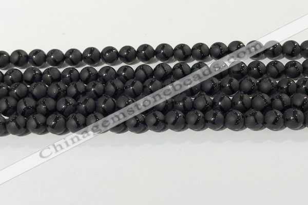 CAA3655 15.5 inches 6mm round matte & carved black agate beads