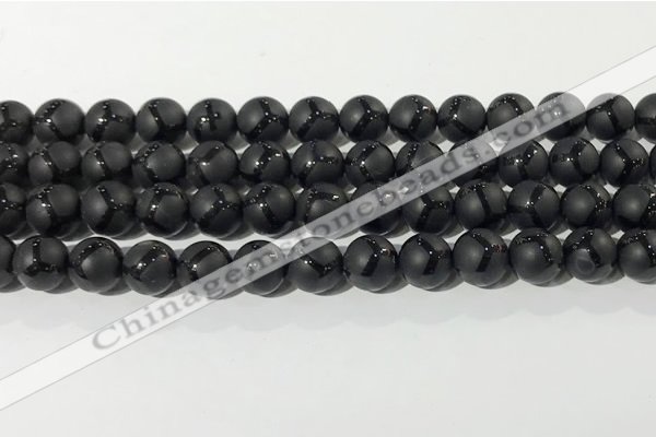 CAA3656 15.5 inches 8mm round matte & carved black agate beads