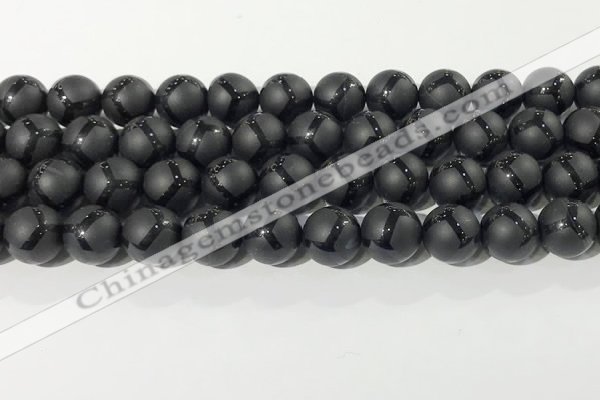 CAA3657 15.5 inches 10mm round matte & carved black agate beads