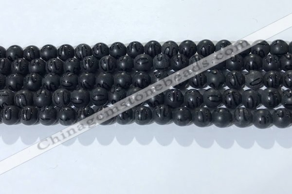 CAA3660 15.5 inches 6mm round matte & carved black agate beads