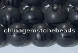 CAA3661 15.5 inches 8mm round matte & carved black agate beads