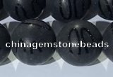 CAA3663 15.5 inches 12mm round matte & carved black agate beads