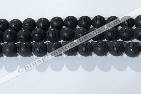 CAA3663 15.5 inches 12mm round matte & carved black agate beads