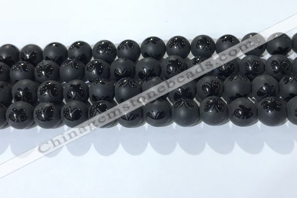 CAA3667 15.5 inches 10mm round matte & carved black agate beads