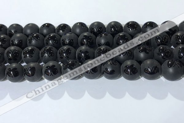 CAA3668 15.5 inches 12mm round matte & carved black agate beads