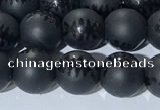 CAA3670 15.5 inches 6mm round matte & carved black agate beads