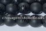 CAA3670 15.5 inches 6mm round matte & carved black agate beads