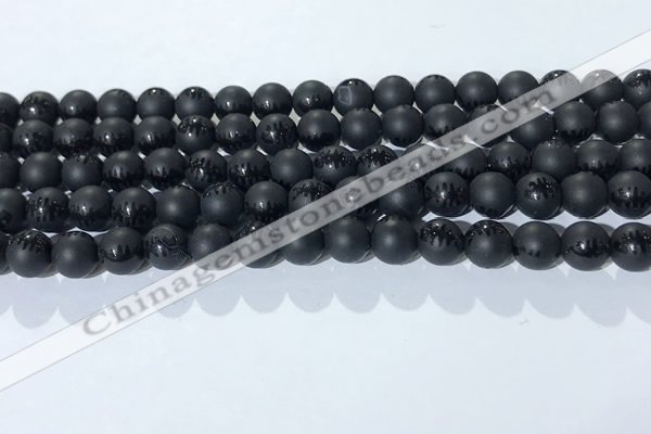 CAA3670 15.5 inches 6mm round matte & carved black agate beads