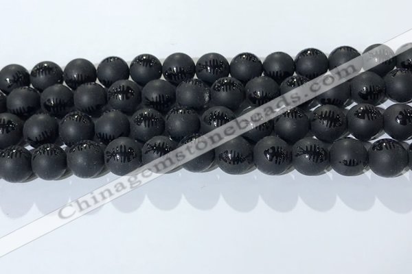 CAA3672 15.5 inches 10mm round matte & carved black agate beads