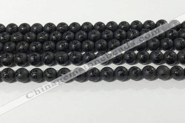 CAA3675 15.5 inches 6mm round matte & carved black agate beads