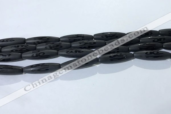 CAA3681 15.5 inches 8*30mm rice matte & carved black agate beads