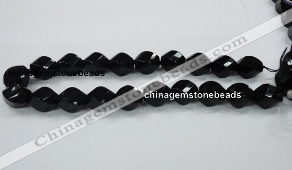 CAB337 15.5 inches 15*20mm faceted & twisted rice black agate beads