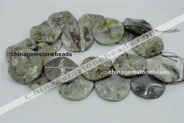 CAB572 15.5 inches 40mm wavy coin silver needle agate gemstone beads