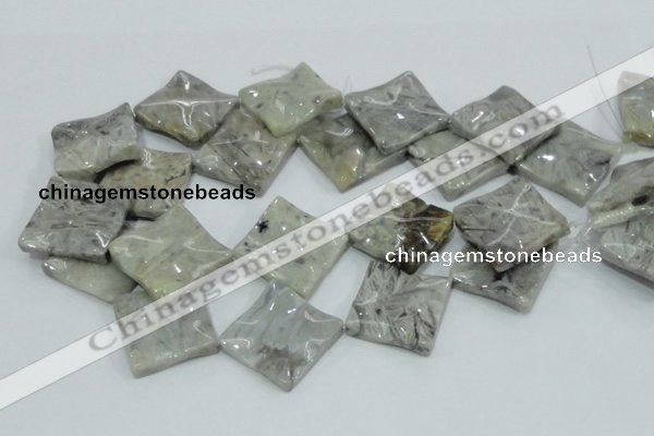 CAB584 15.5 inches 30*30mm wavy diamond silver needle agate beads