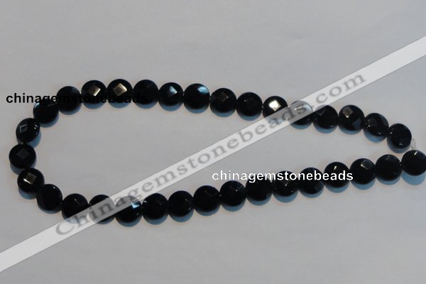 CAB809 15.5 inches 12mm faceted coin black gemstone agate beads