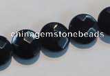 CAB810 15.5 inches 14mm faceted coin black gemstone agate beads