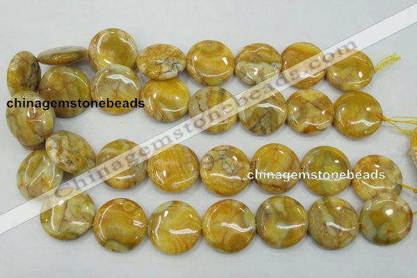 CAB945 15.5 inches 25mm flat round yellow crazy lace agate beads