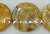 CAB946 15.5 inches 30mm flat round yellow crazy lace agate beads