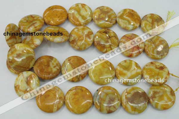 CAB946 15.5 inches 30mm flat round yellow crazy lace agate beads