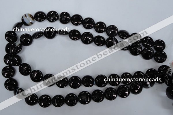 CAG2908 15.5 inches 14mm flat round black line agate beads