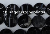 CAG3073 15.5 inches 14mm faceted coin black line agate beads