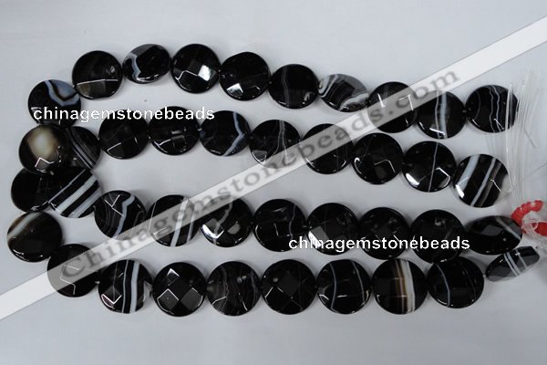 CAG3075 15.5 inches 18mm faceted coin black line agate beads