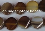 CAG3151 15.5 inches 14mm twisted coin brown line agate beads