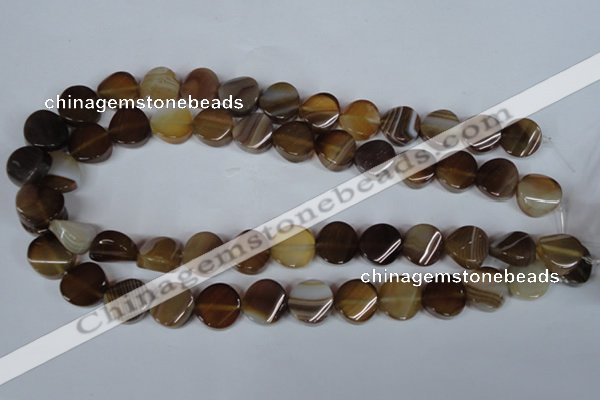 CAG3151 15.5 inches 14mm twisted coin brown line agate beads