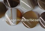 CAG3154 15.5 inches 20mm twisted coin brown line agate beads