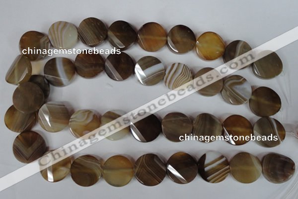 CAG3160 15.5 inches 20mm faceted & twisted coin brown line agate beads