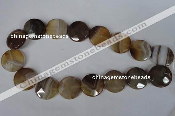 CAG3168 15.5 inches 25mm faceted coin brown line agate beads