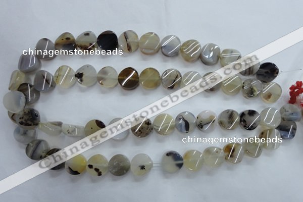 CAG3314 15.5 inches 14mm twisted coin natural grey agate beads