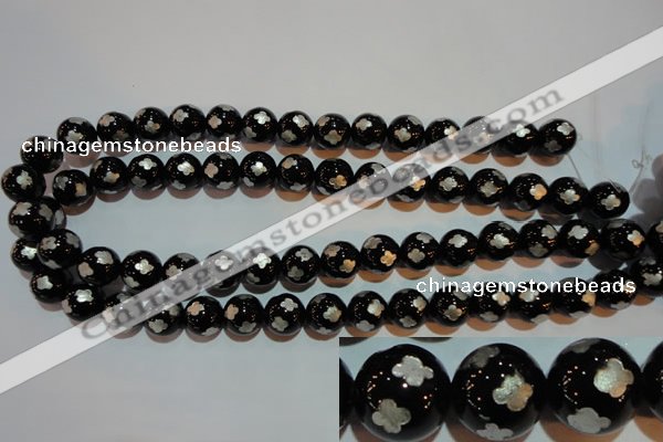 CAG3354 15.5 inches 12mm carved round black agate beads wholesale