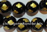 CAG3365 15.5 inches 14mm carved round black agate beads wholesale