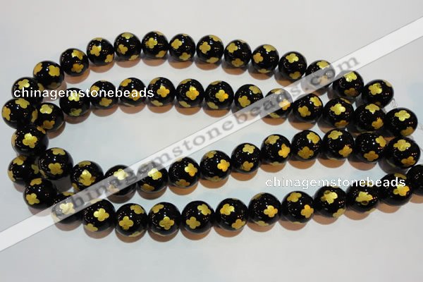 CAG3365 15.5 inches 14mm carved round black agate beads wholesale