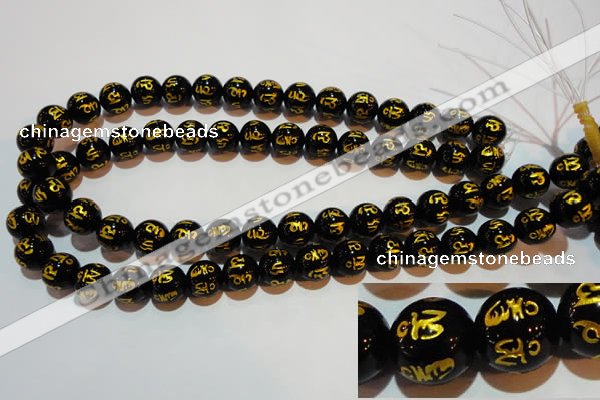 CAG3374 15.5 inches 12mm carved round black agate beads wholesale