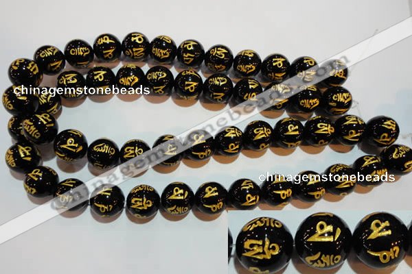 CAG3376 15.5 inches 16mm carved round black agate beads wholesale