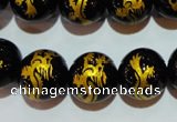 CAG3382 15.5 inches 14mm carved round black agate beads wholesale