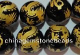 CAG3384 15.5 inches 18mm carved round black agate beads wholesale