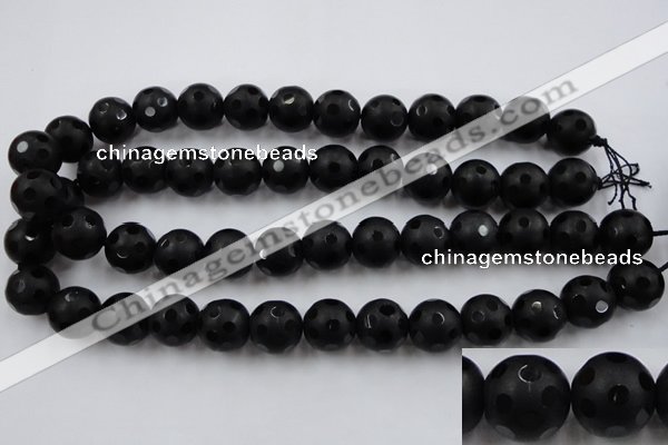 CAG3674 15.5 inches 14mm carved round matte black agate beads