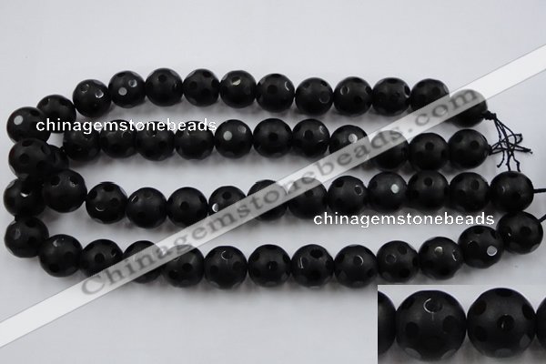 CAG3675 15.5 inches 16mm carved round matte black agate beads