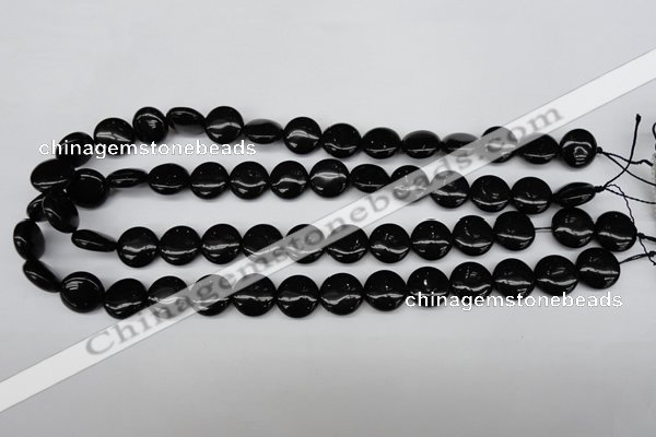 CAG4012 15.5 inches 14mm flat round black agate beads