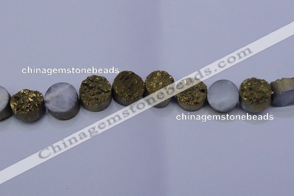 CAG7933 7.5 inches 16mm flat round plated white druzy agate beads