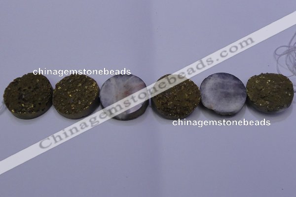 CAG7940 7.5 inches 30mm flat round plated white druzy agate beads